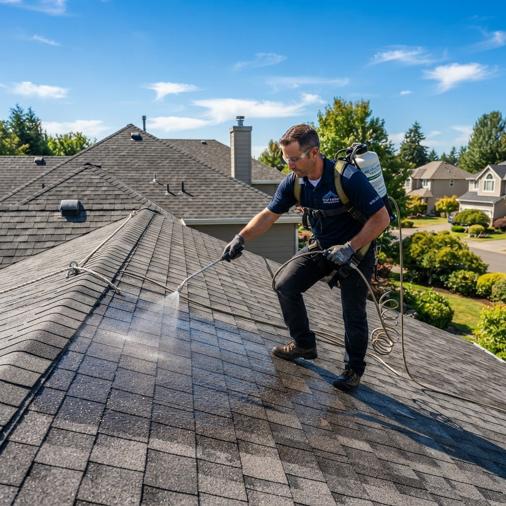 A contractor applying bio-based rejuvenation treatment to asphalt shingles