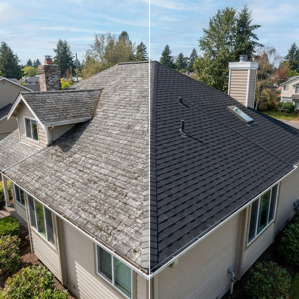 Before and after roof rejuvenation showing a restored asphalt shingle roof